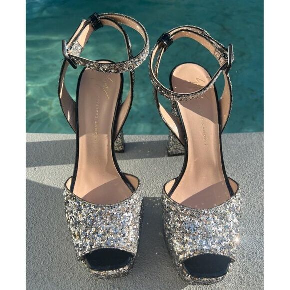 GIUSEPPE ZANOTTI Lavinia Glitter Leather Platform Heeled Sandals Size IT37.5 - Picture 4 of 16